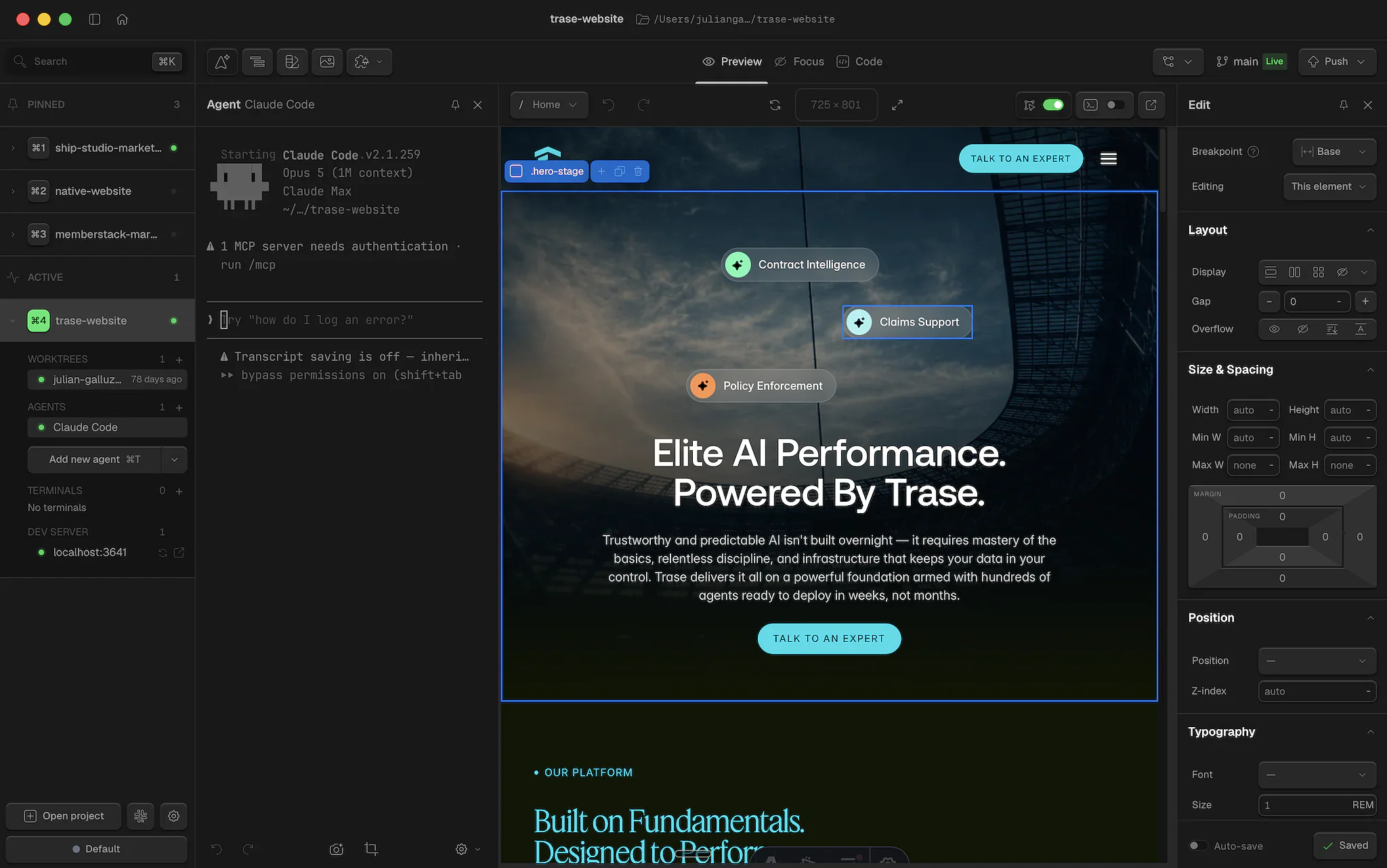 Ship Studio in use - Claude Code building a site on the left, the live preview in the middle, and the visual Edit panel on the right, with GitHub and deploys in the same window