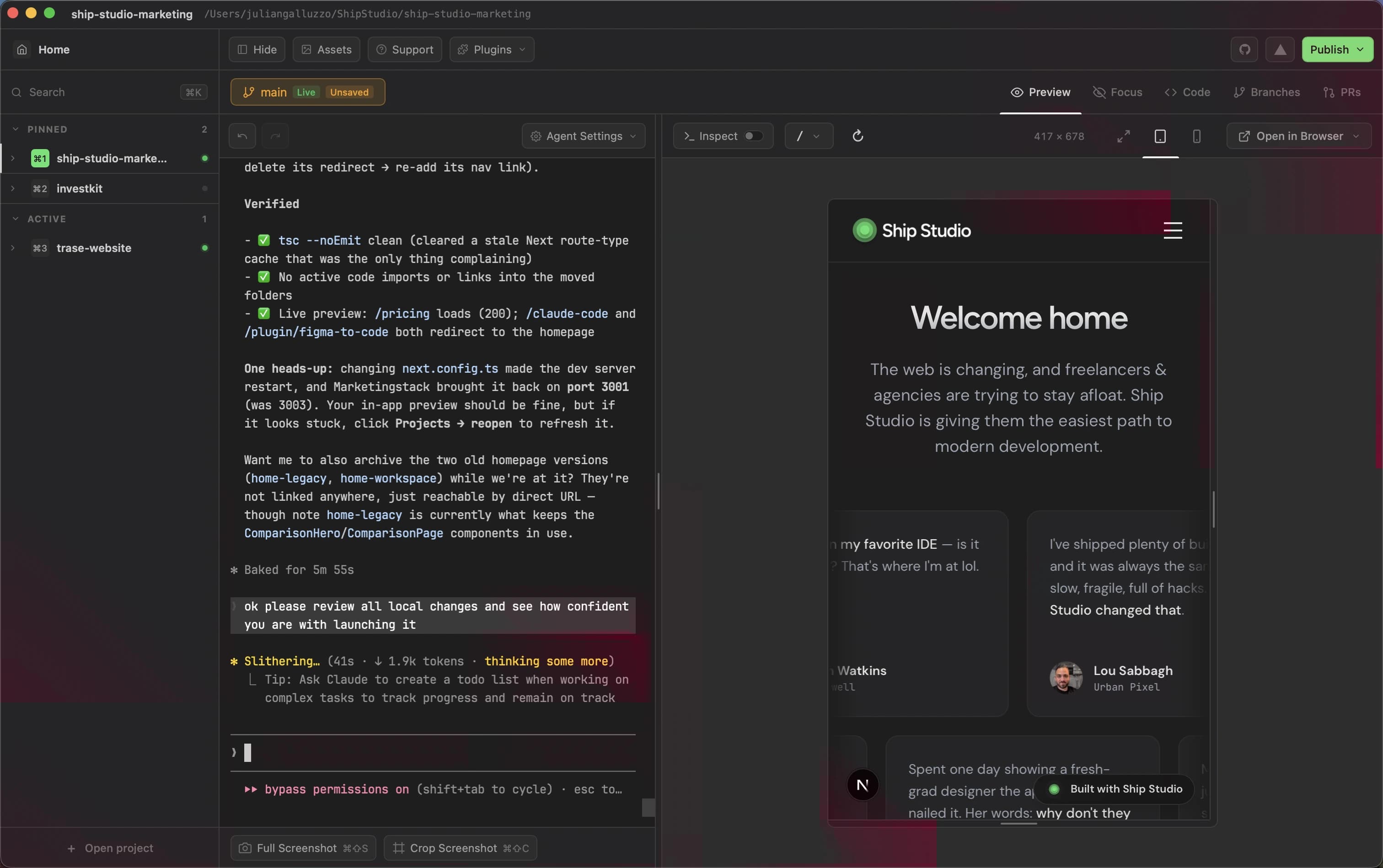 Ship Studio in use — an AI agent editing a site with the live preview, GitHub, and deploys alongside in one window